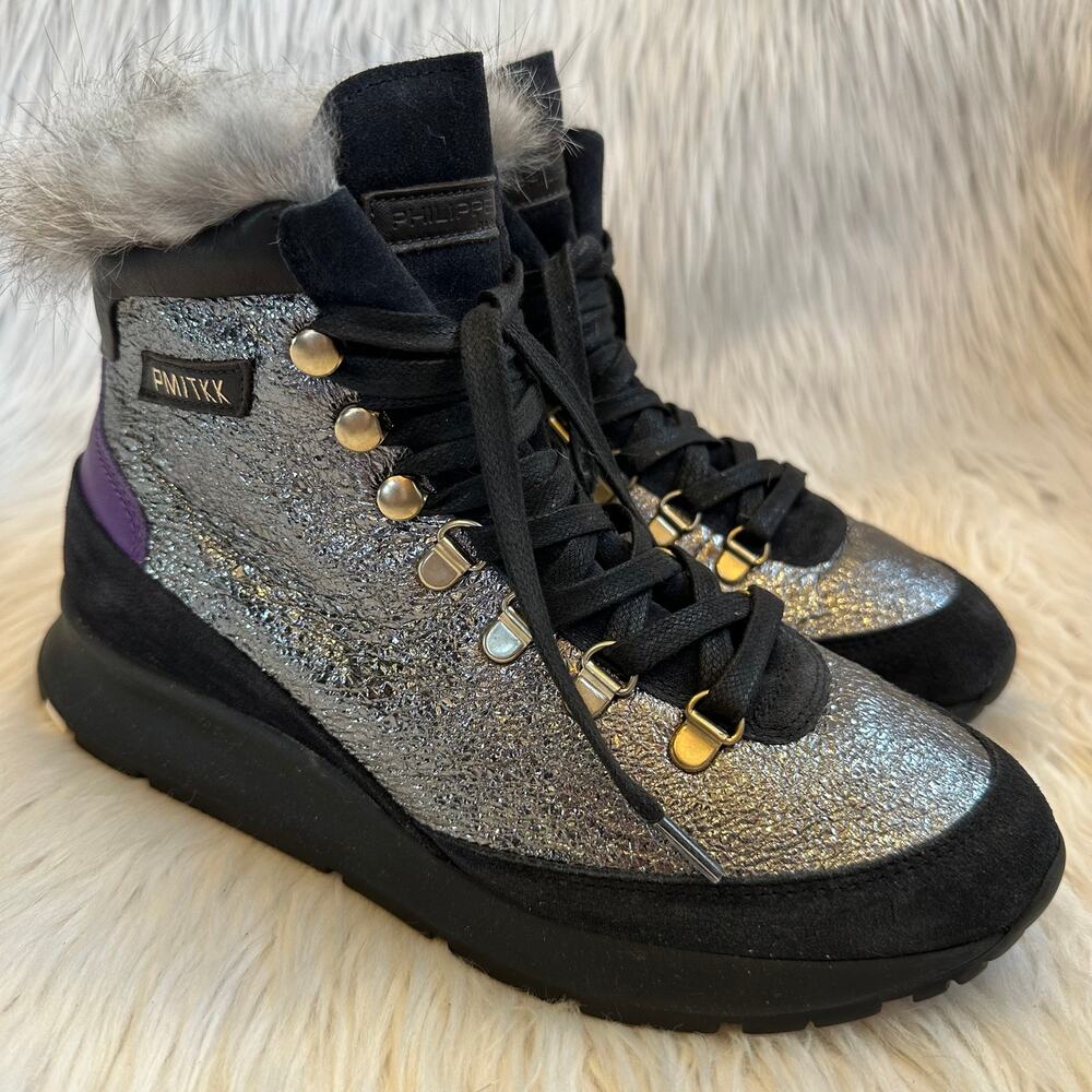 Philippe Model High Top Trainers Sneakers Suede Leather Fur Trim Shoes Boots